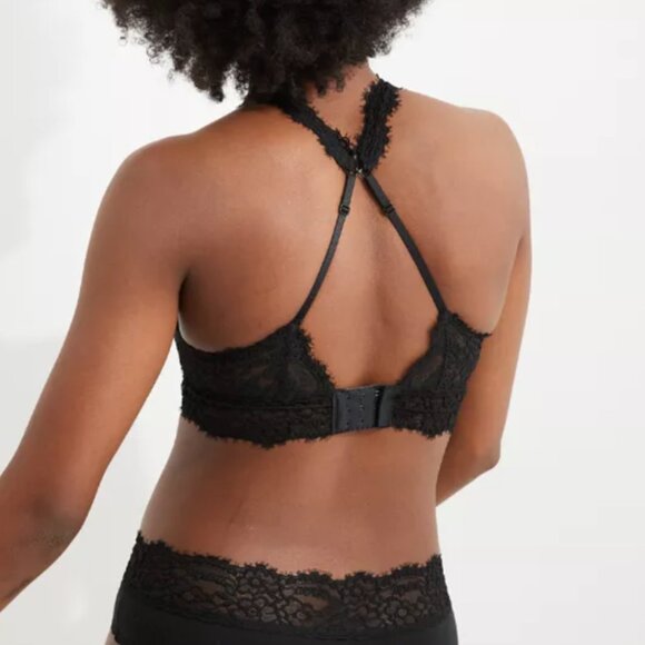 NWT AERIE Womens' Black Eyelash Lace Padded Plunge Bralette Sz Small DD - Picture 5 of 8